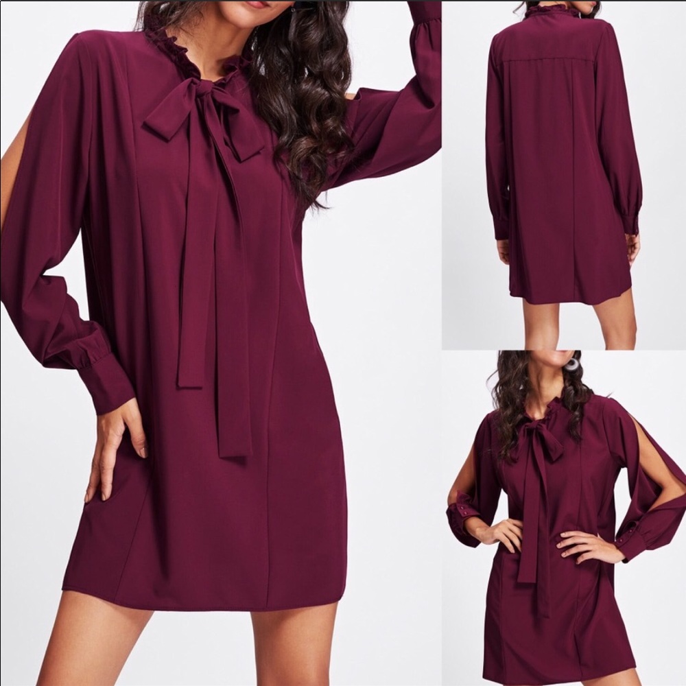🥂 Split sleeve high tie neck bow dress